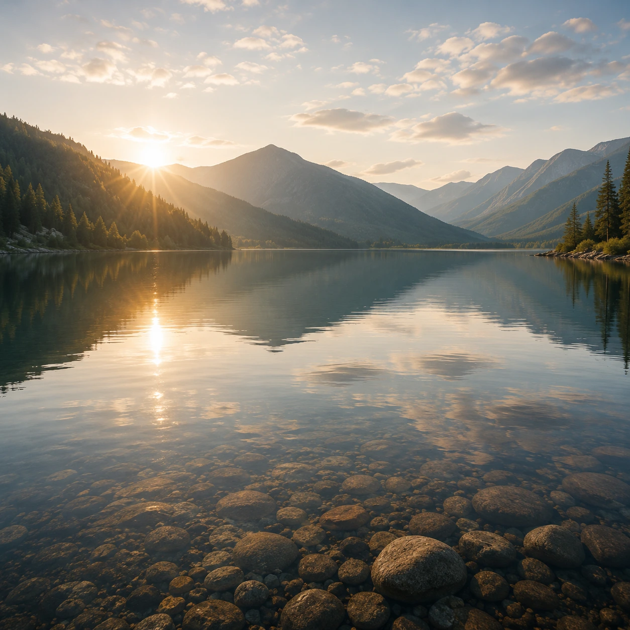 Atlas vertebra illustration with a golden alignment grid over a calm mountain lake