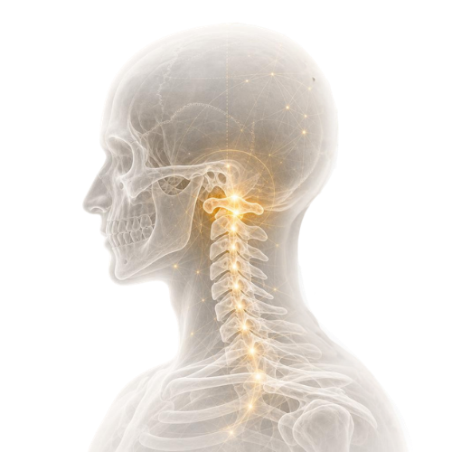 Transparent skull and cervical spine illustration highlighting the upper neck and atlas area