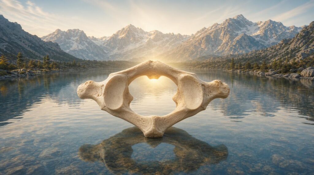 Soft realistic atlas vertebra illustration over a calm Lake Isabella